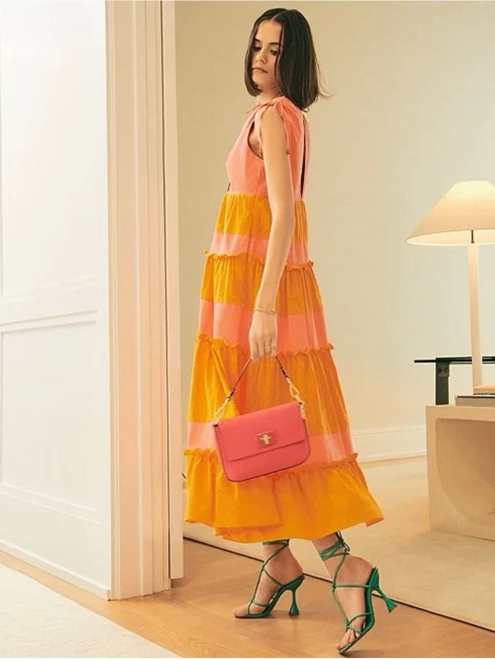 LDT (NWOT) Tiered Maxi Dress with Tie-Shoulder in Pink and Coral Size 12